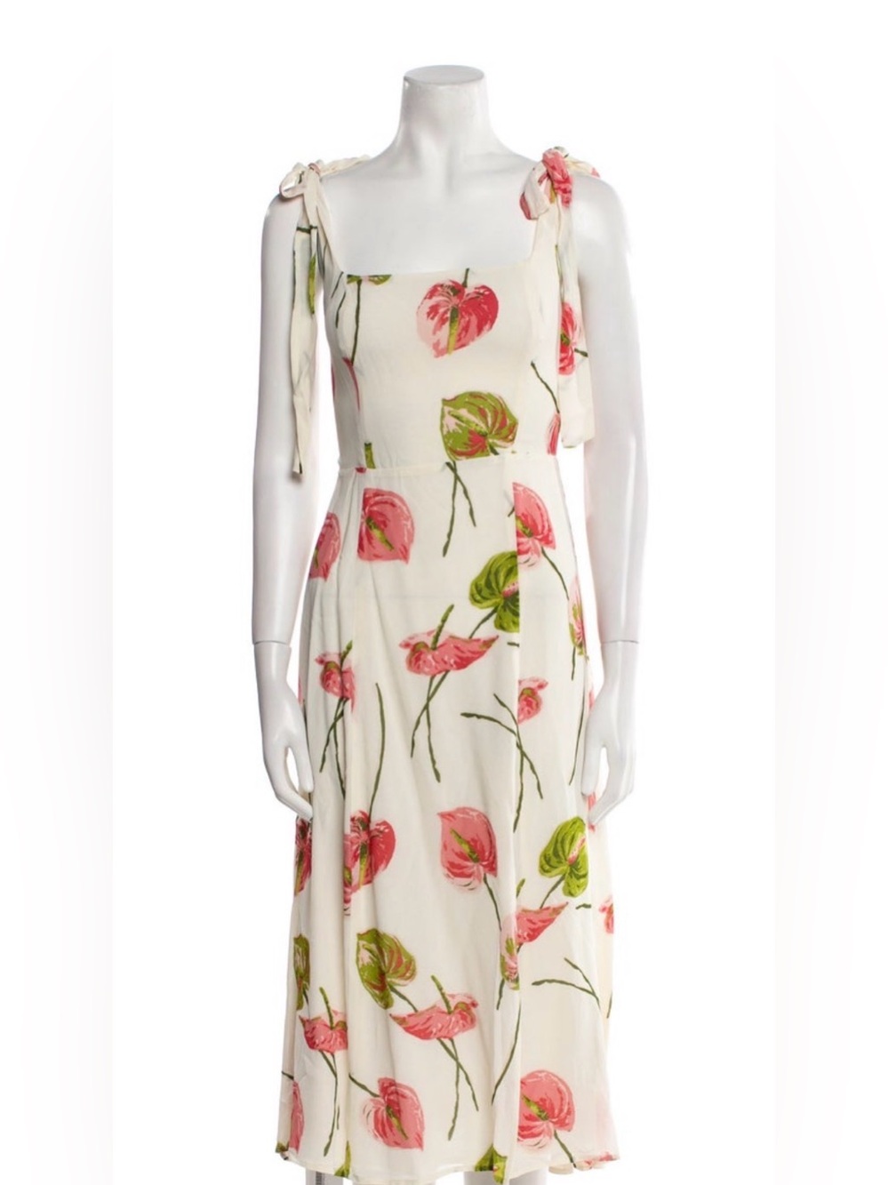 Reformation - Floral Tie-Shoulder Midi Dress in Cream and Pink with side slit